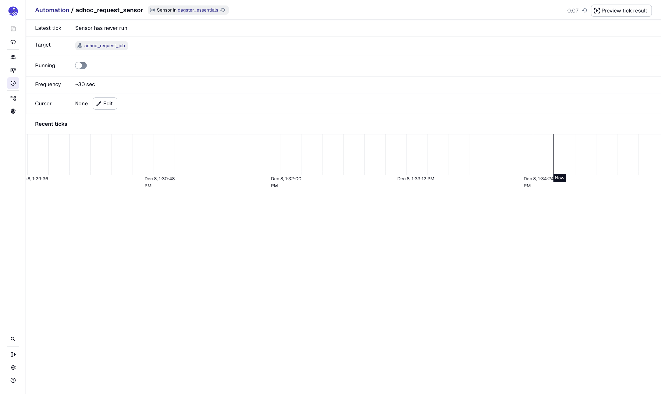 The Sensor details tab in the Dagster UI